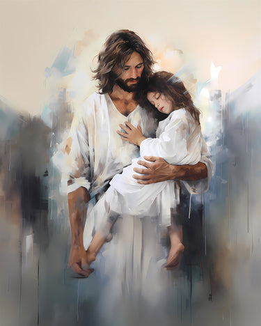 I Feel My Savior's Love by Gabriel Heaton, Christ tenderly holding a young girl