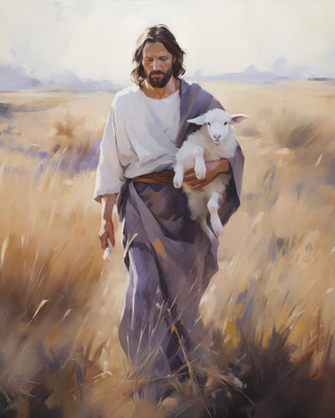 The Journey Home by Gabriel Heaton, Christ carrying a lamb through a golden field