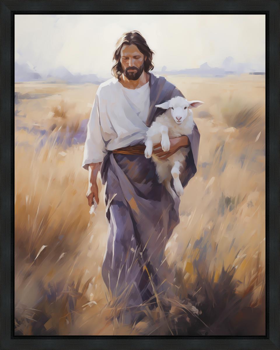 Gabriel Heaton painting of Jesus Christ in white robes carrying a white lamb through a golden wheat field