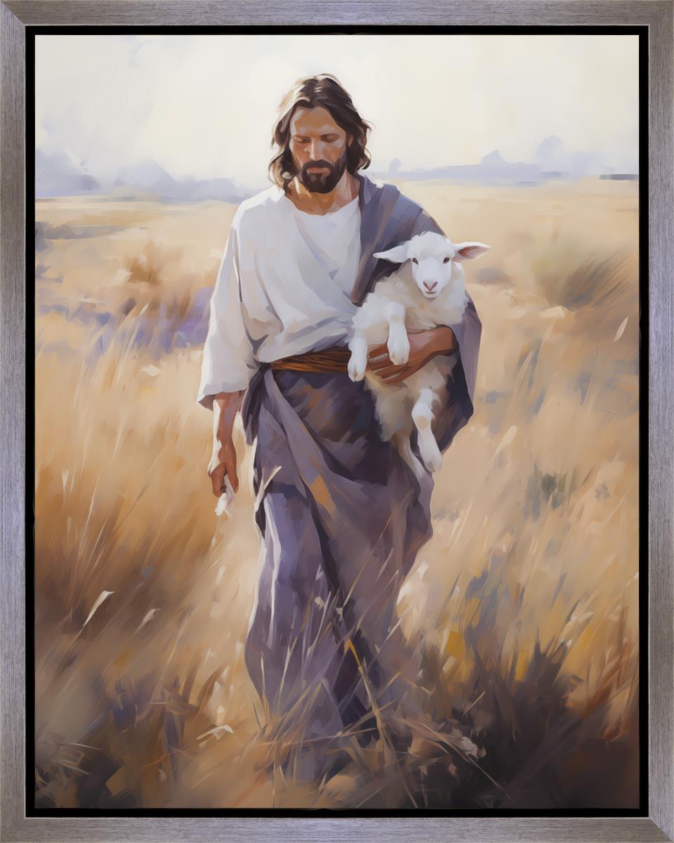 Gabriel Heaton painting of Jesus Christ in white robes carrying a white lamb through a golden wheat field