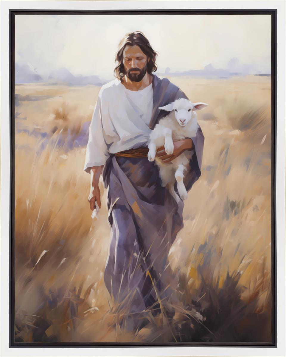 Gabriel Heaton painting of Jesus Christ in white robes carrying a white lamb through a golden wheat field