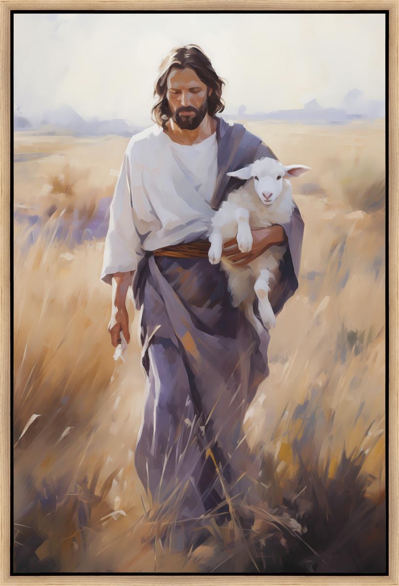 The Journey Home by Gabriel Heaton, 24 × 36 gallery-wrapped canvas, Natural Wood Float Frame; Jesus carrying a lamb through golden fields.
