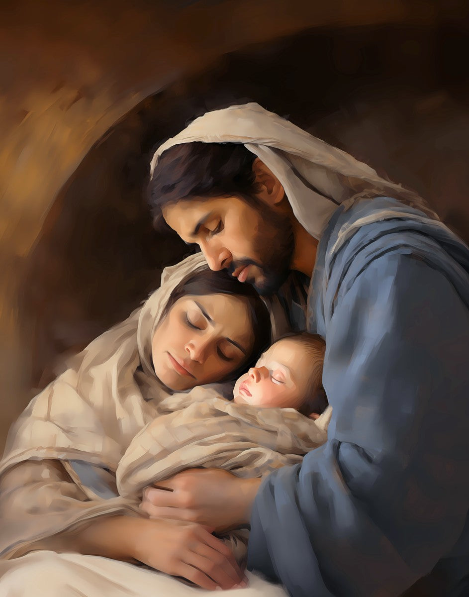 Gabriel Heaton painting of Joseph and Mary cradling the newborn baby Jesus in a warm, intimate nativity scene