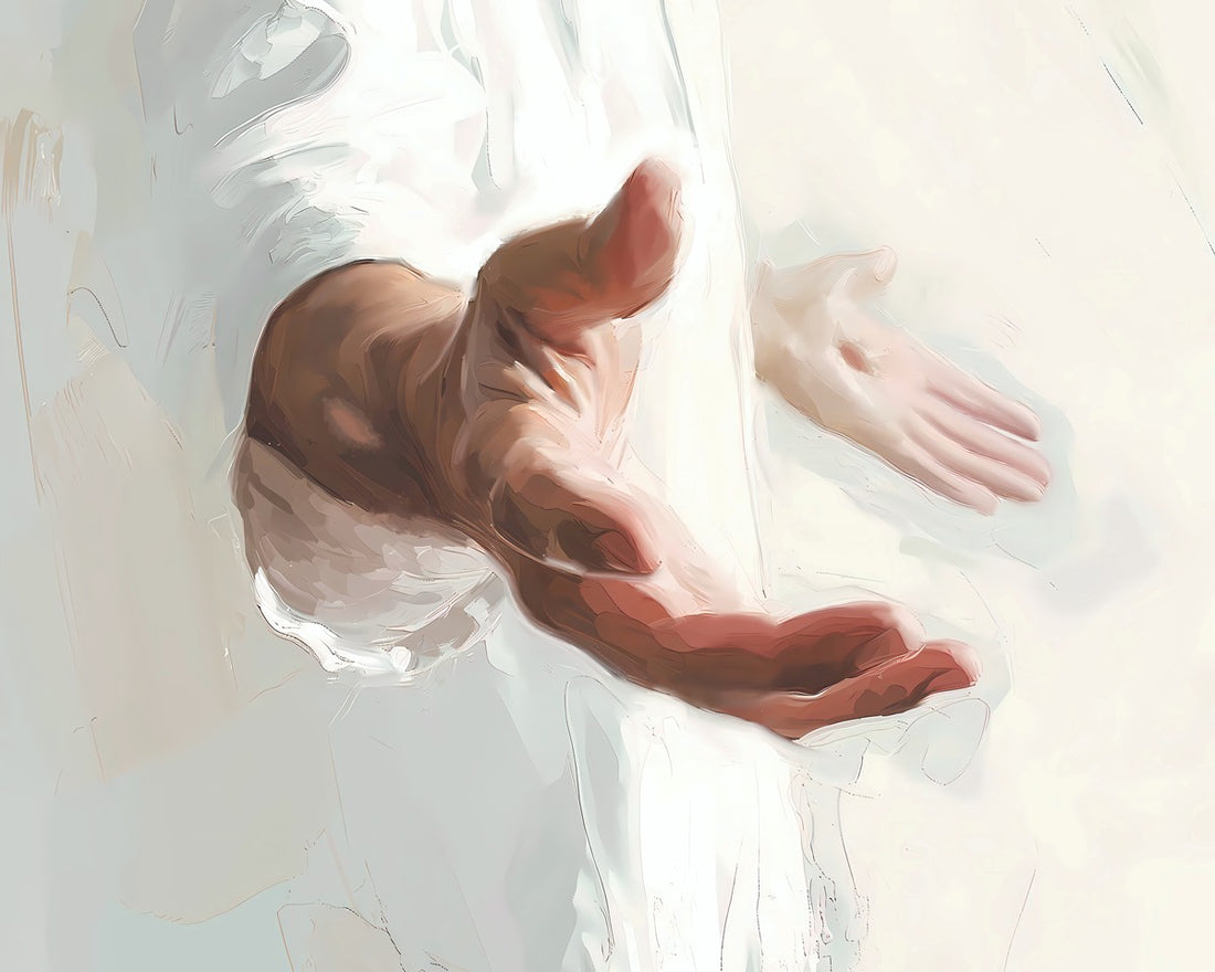 Gabriel Heaton painting of Jesus Christ in white robes with both nail-scarred hands outstretched toward the viewer against a soft light background