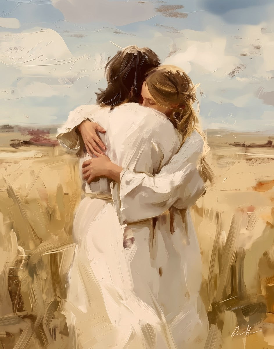 Gabriel Heaton painting of Jesus Christ embracing a young woman in white robes in a golden wheat field