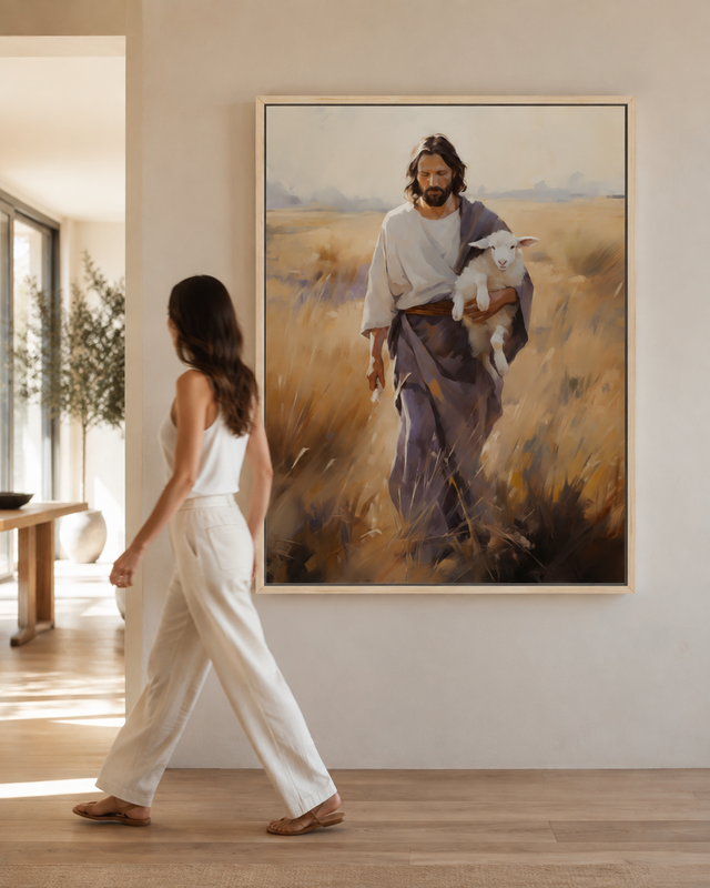 Jesus Christ carrying a lost sheep in The Journey Home artwork
