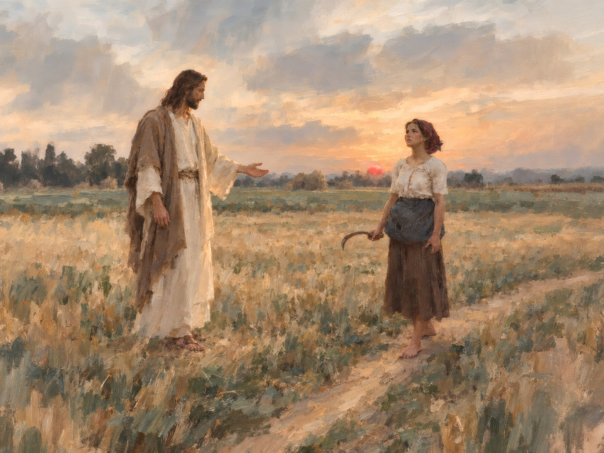 Christ extends his hand toward a weary laborer in a field at sunset, in All Ye That Labor
