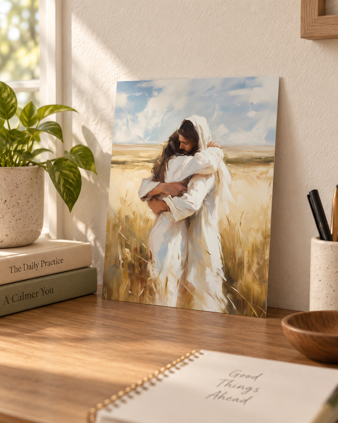 Unframed Arms of Mercy archival print on a desk