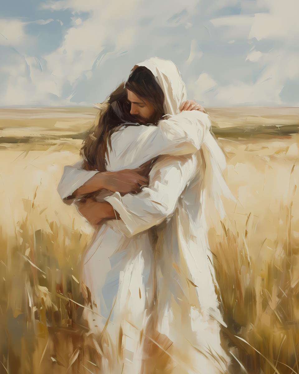 Arms of Mercy artwork by Gabriel Heaton showing Jesus embracing a woman in a golden field