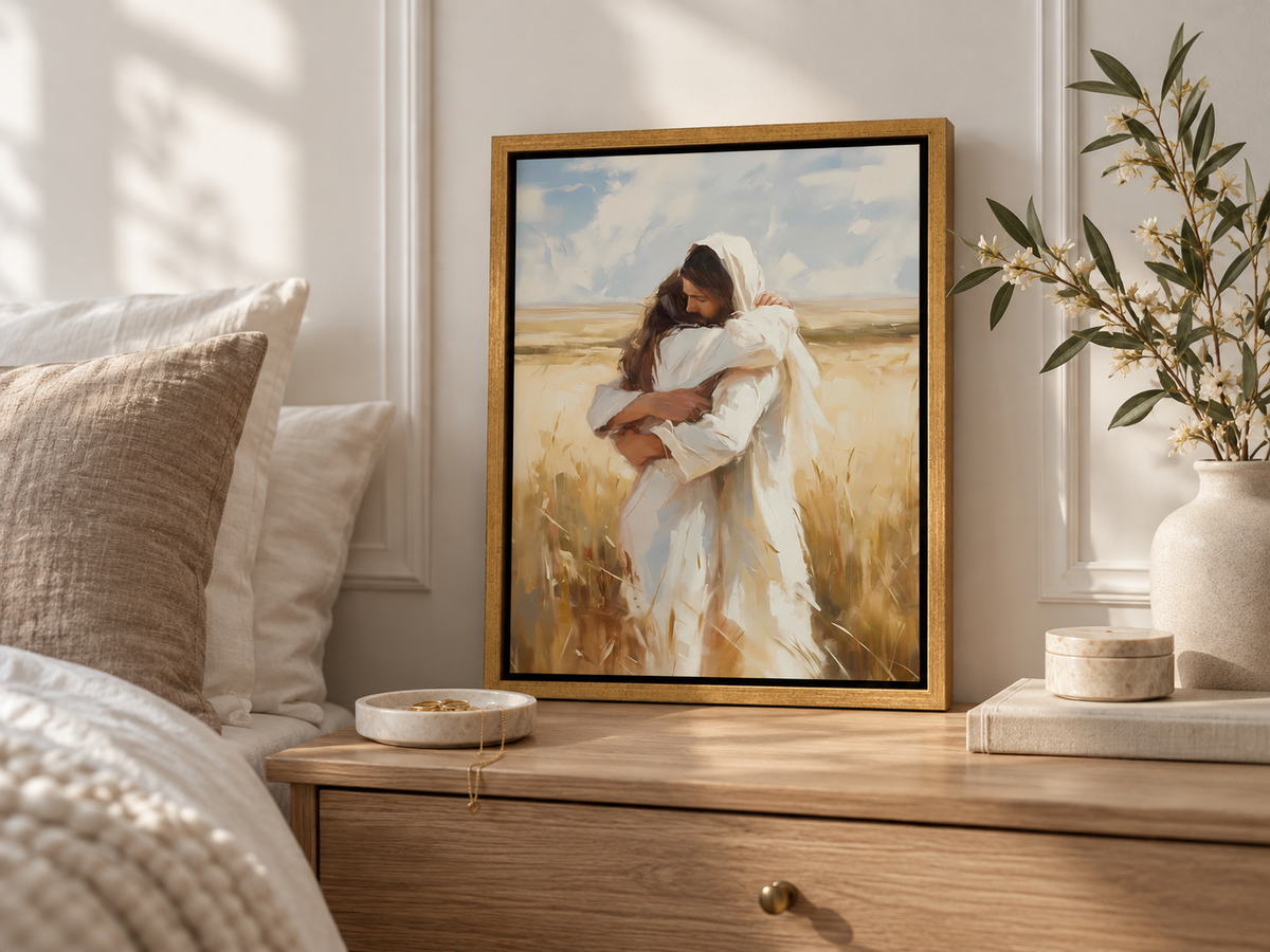Arms of Mercy framed canvas on a serene bedside console