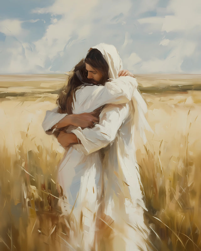 Jesus Christ holding a woman in the Arms of Mercy artwork
