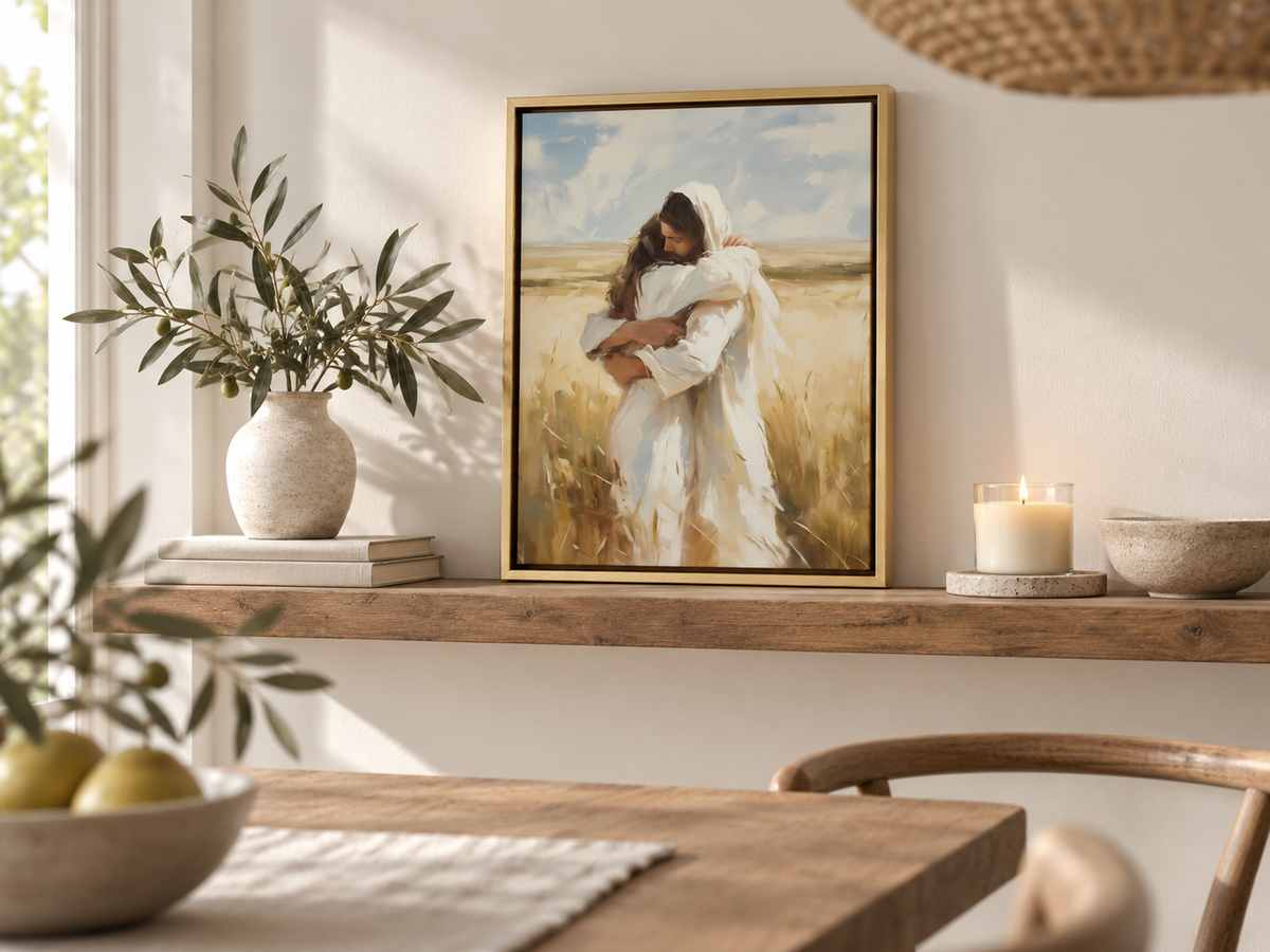 Arms of Mercy framed canvas on a sunlit dining room shelf