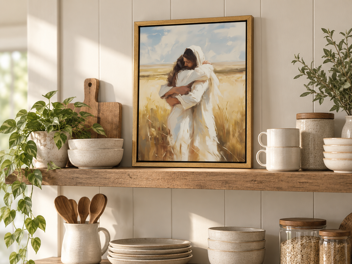 Arms of Mercy framed canvas among warm neutral kitchen decor