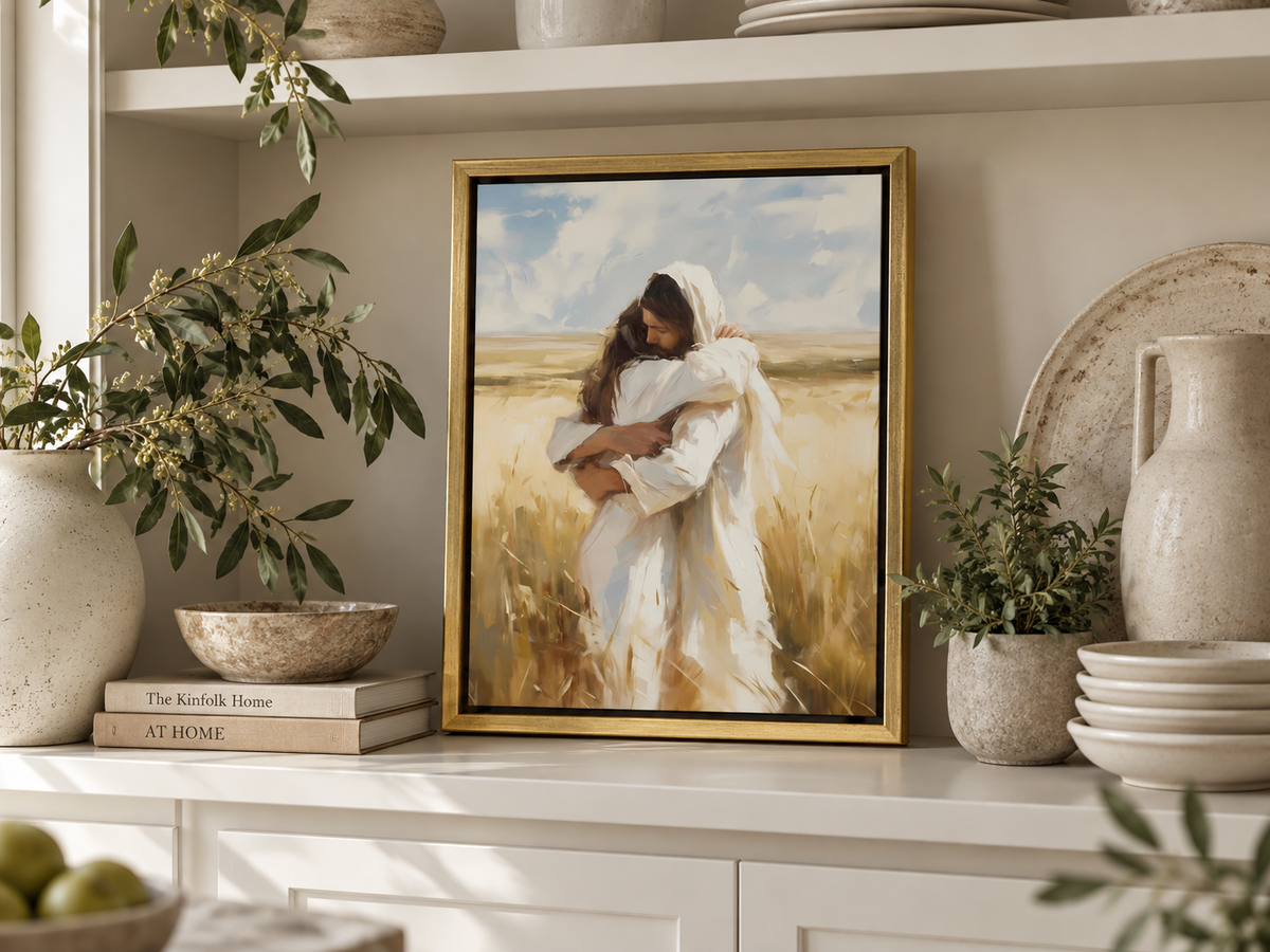 Arms of Mercy framed canvas displayed in a neutral kitchen hutch