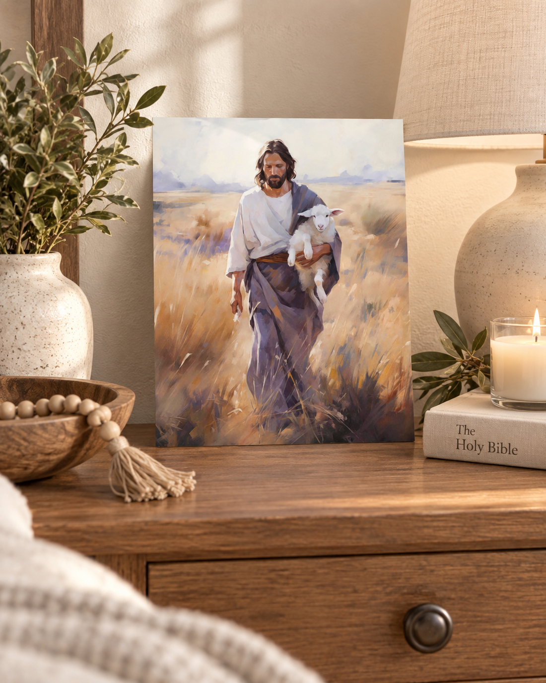 The Journey Home unframed archival print styled on a wooden dresser