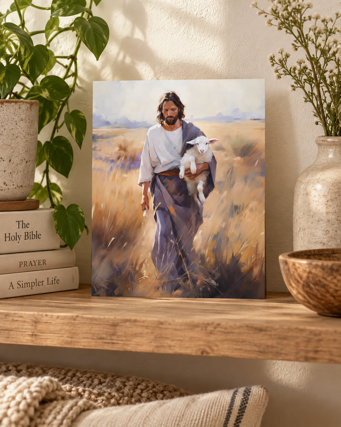 The Journey Home 8 by 10 unframed archival print on a warm wooden shelf with greenery
