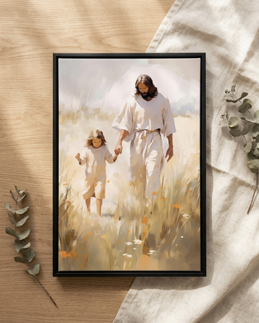 Peace in Christ Christian wall art by Gabriel Heaton in a black float frame styled as a warm neutral flat lay