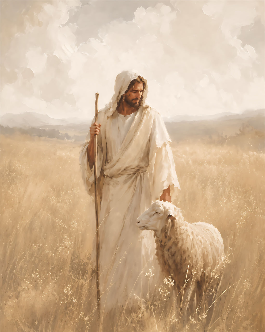 Jesus Christ as the Good Shepherd walking beside a lamb in a warm golden field