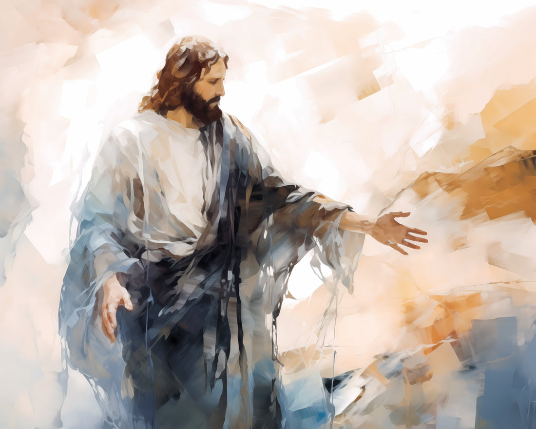 Gabriel Heaton's 'Come Unto Me' Christian art depicting Jesus with arms outstretched, inviting all.
