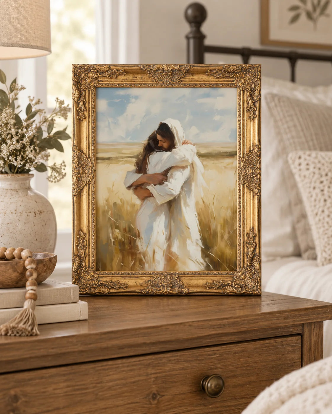 Arms of Mercy archival print displayed in an ornate gold frame beside a bed