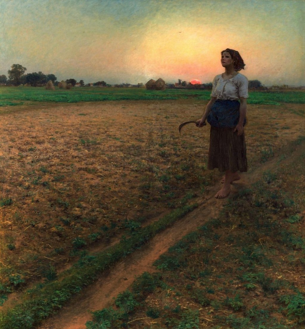 A wider view of the laborer alone beneath the evening sky