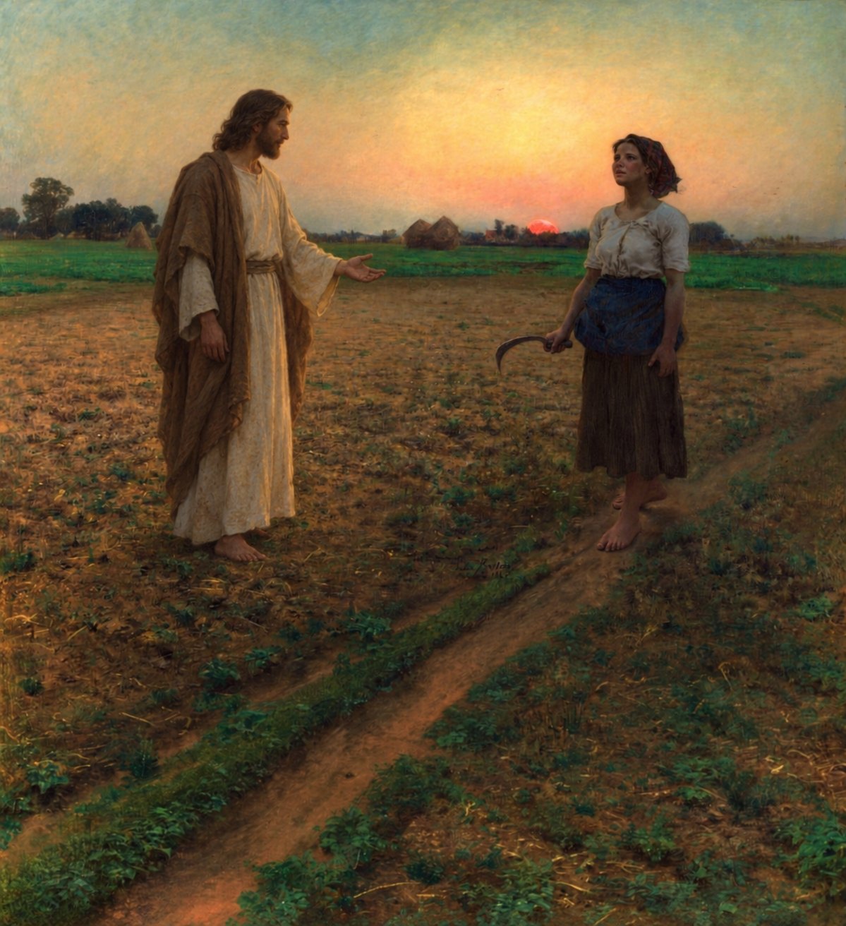 Christ appears beside the laborer with an open hand