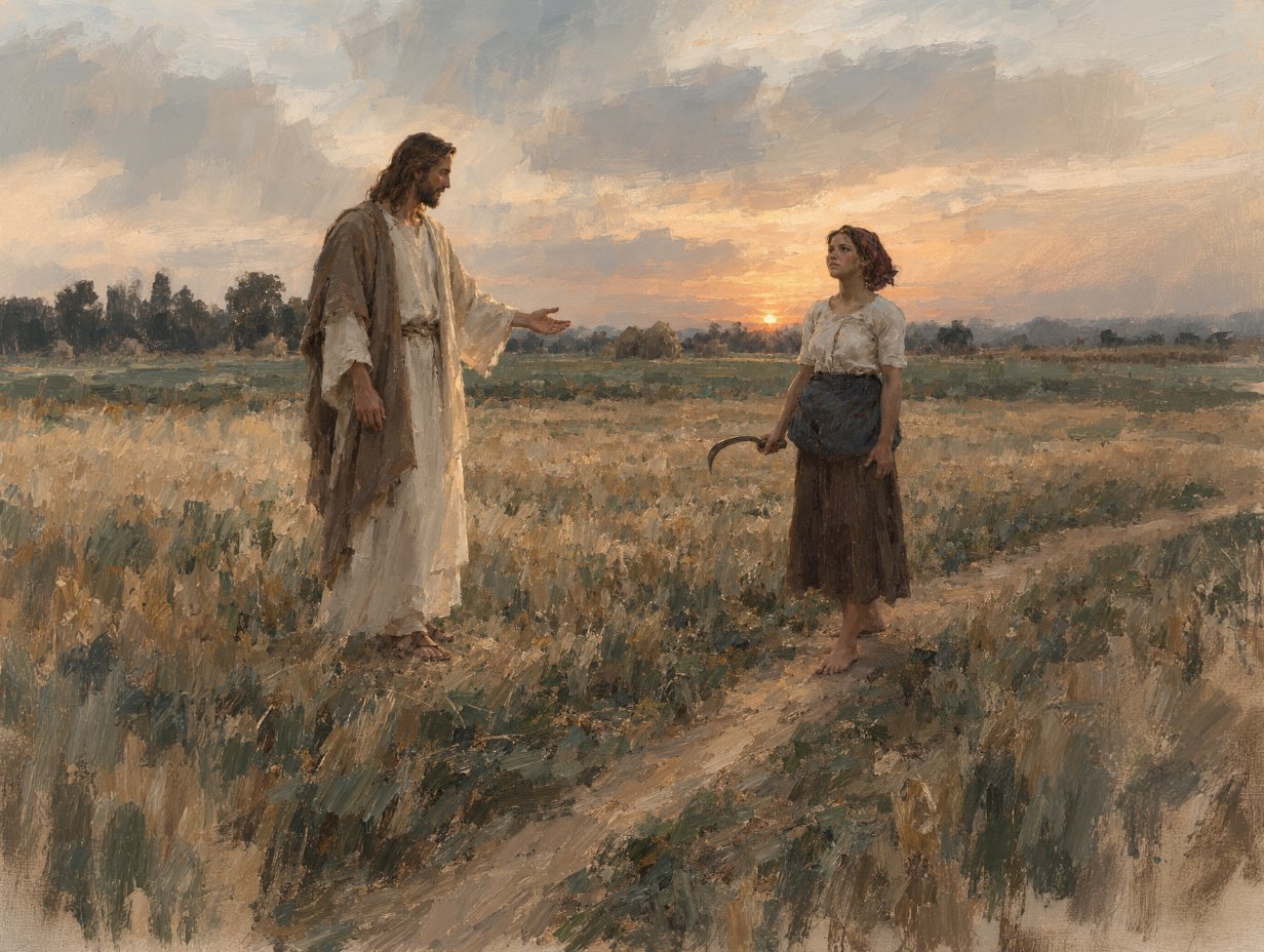 The laborer looks toward Christ in the wide sunset scene