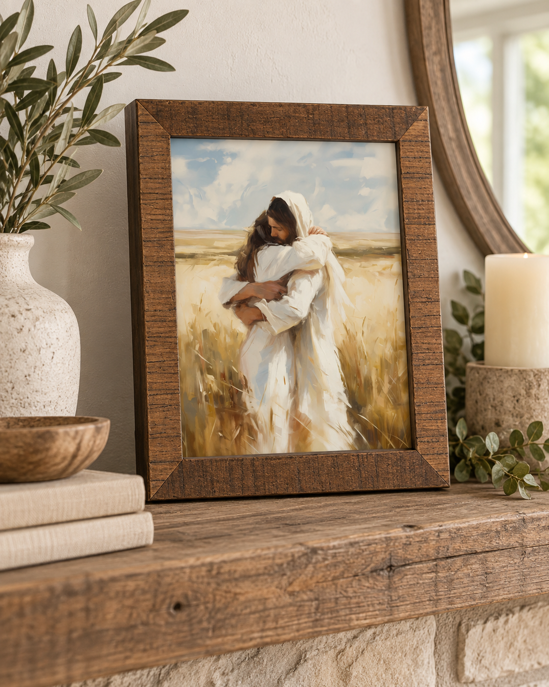 Arms of Mercy archival print styled in a rustic wood frame