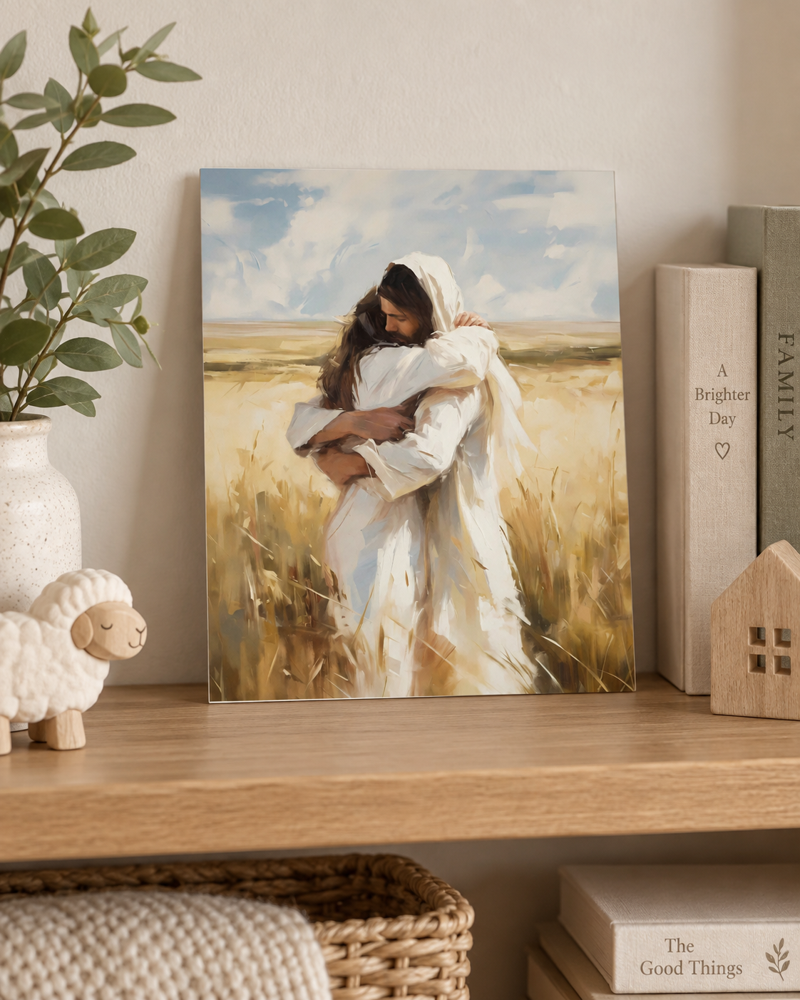 Unframed Arms of Mercy archival print on a shelf beside a lamb