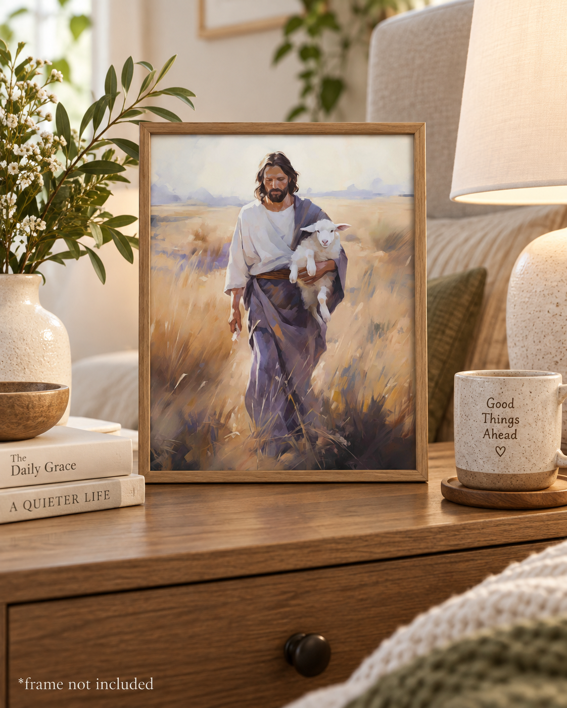 The Journey Home archival print styled in a natural wood frame on a dresser